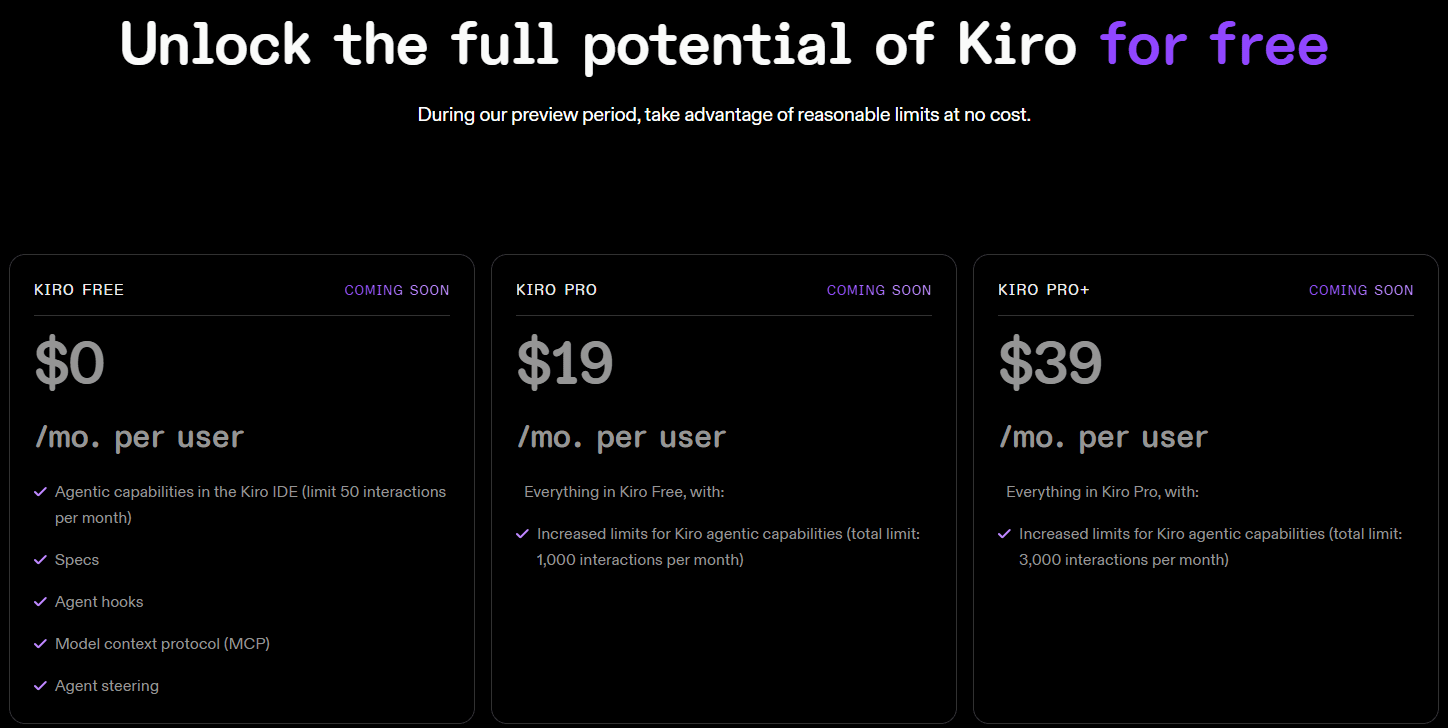 Amazon Kiro pricing