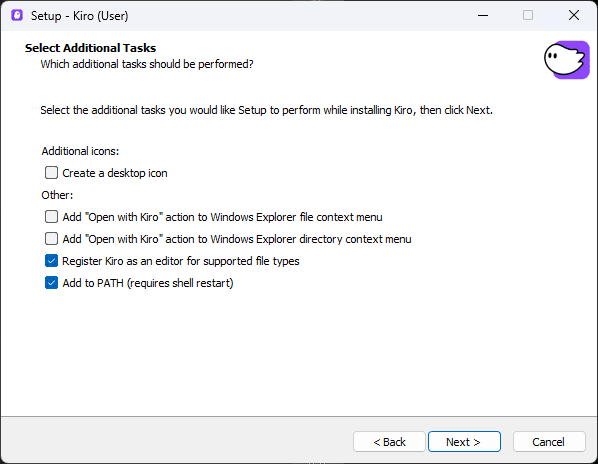 Select additional tasks during Amazon Kiro install