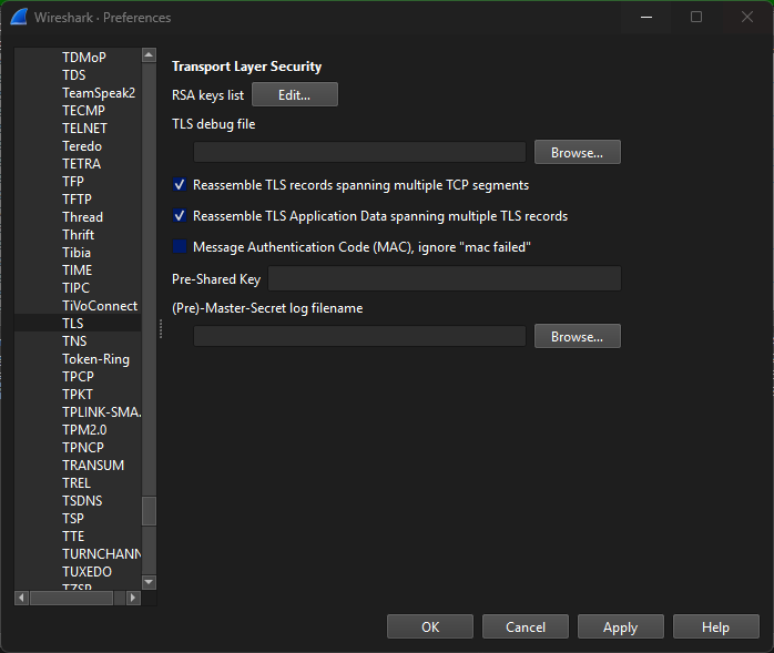 Wireshark tls settings